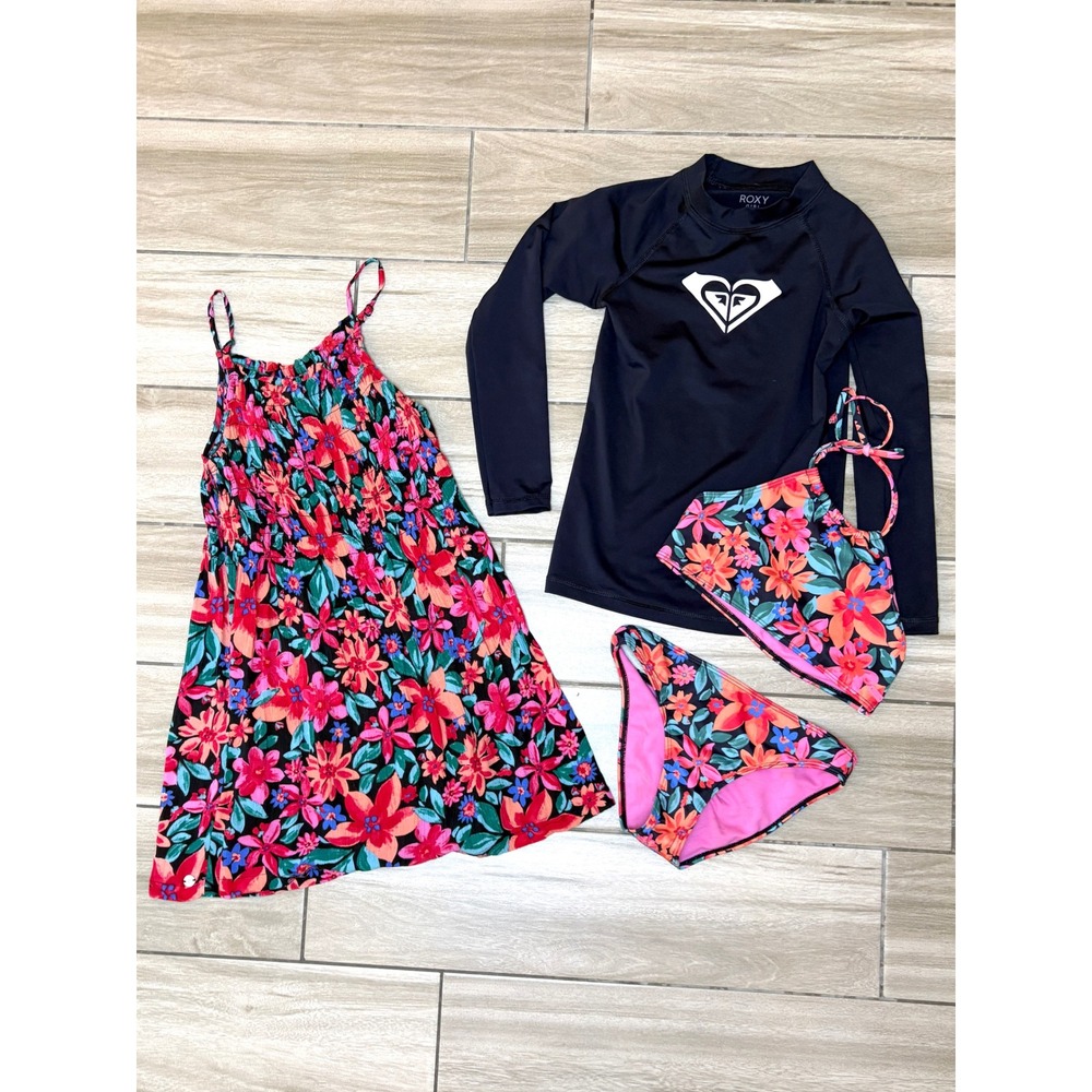 Roxy Girl 4-Piece Swim Set Rash Guard Bikini‎ & Cover-Up Dress Floral Small